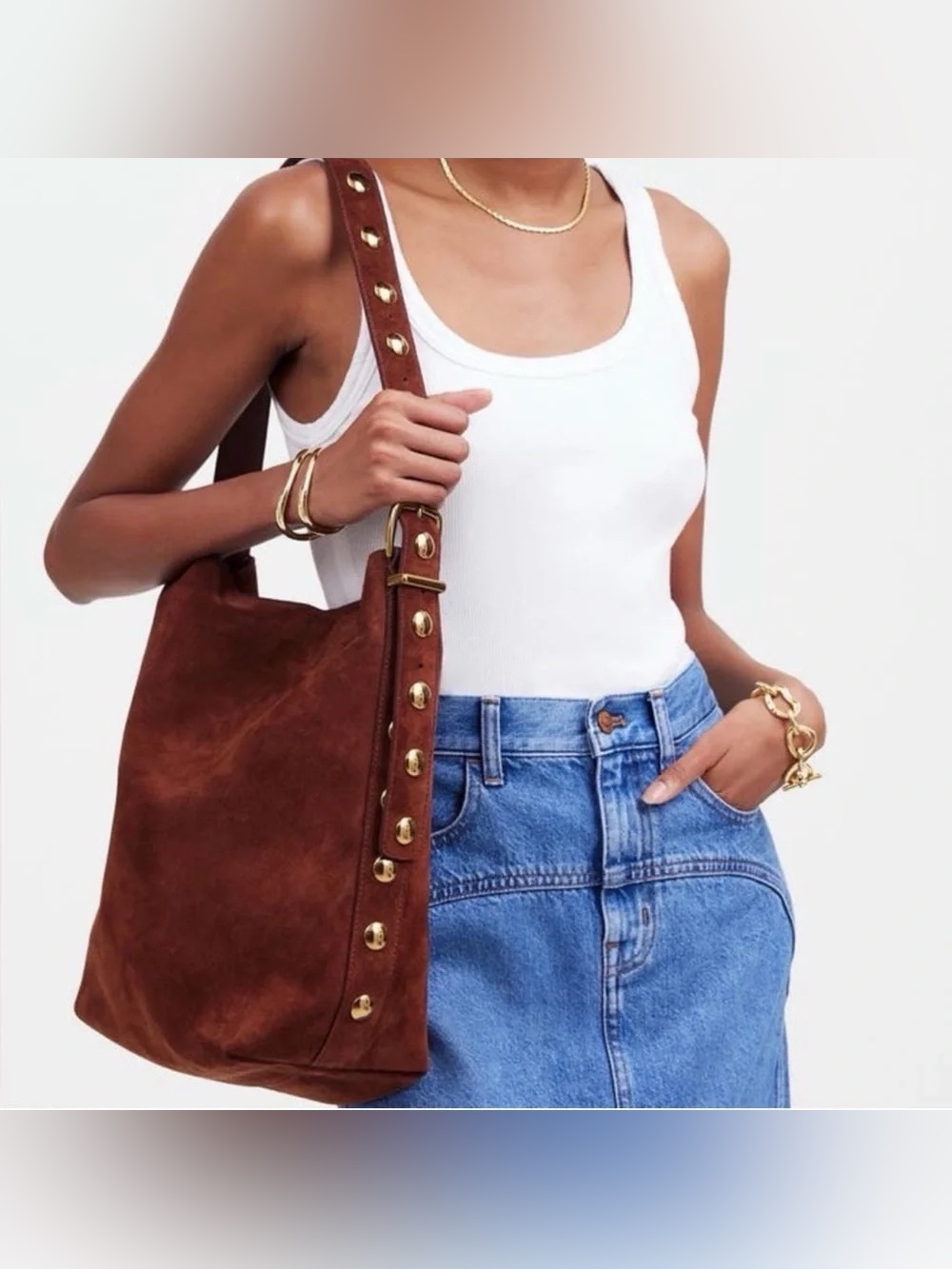 Madewell The Essential Bucket Tote in Soft Mahogany with Studs NEW